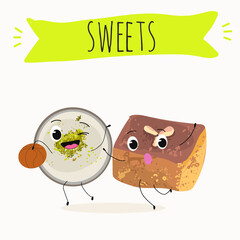 Funny Characters namoura, Turkish dessert, Kazandibi, Muhallebi, Tavuk Gogsu. Hand drawn vector illustration.