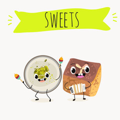 Funny Characters namoura, Turkish dessert, Kazandibi, Muhallebi, Tavuk Gogsu. Hand drawn vector illustration.