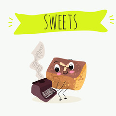 Funny Characters namoura, Turkish dessert, Kazandibi, Muhallebi, Tavuk Gogsu. Hand drawn vector illustration.