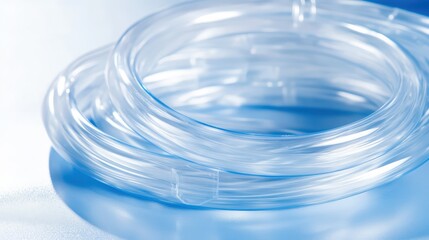 Coiled clear sterile medical tubing rests on a clean blue surface