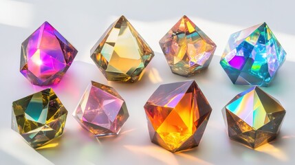 Collection of transparent geometric prisms catching and scattering colorful light with faceted surfaces reflecting brilliant hues