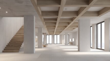 Obraz premium Spacious modern interior features an open floor plan with wooden beams and a prominent staircase