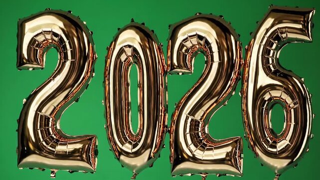 Metallic gold balloons spell out 2026 against a vibrant green background, perfect for new year celebrations, party invitations, or festive decorations. the shiny balloons add a touch of glamor and ele
