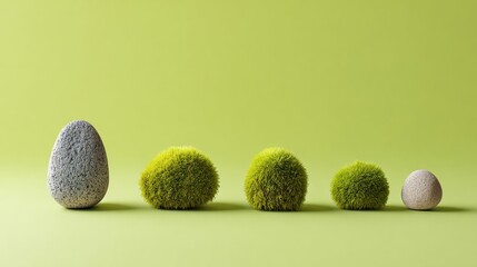 A visual of stone gradually fading into green shapes showing a natural change from solid to organic forms in a simple setting.