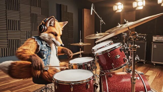 Highly detailed 3D rendered scene of a determined anthropomorphic fox furiously playing an entire acoustic drum kit setup in a polished studio environment creative, solo, rendered