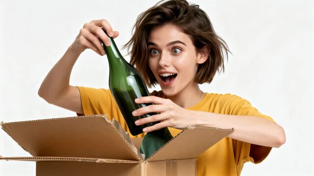 Woman opens a cardboard box with an enthusiastic surprised expression and visible excitement, leaning forward with hands on the flaps against a plain light background. Copyspace is available on the ri