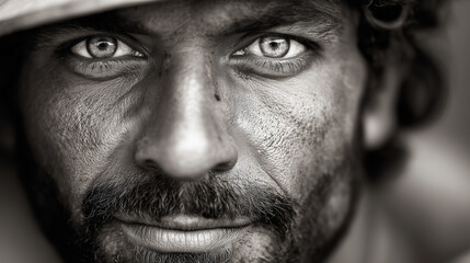 Construction Worker on Water Break, Face Smudged with Dust and Sweat, Direct Gaze with Calm Tired Expression.