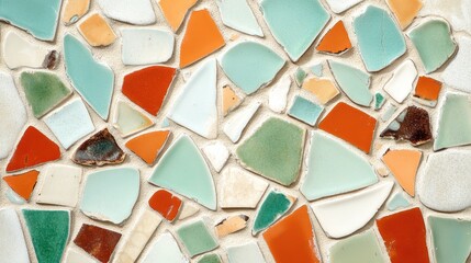 Smooth weathered ceramic fragments pieced together to form a colorful mosaic pattern