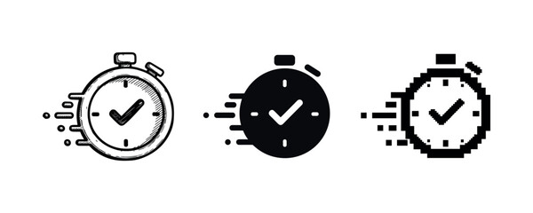 Stopwatch icon set: hand-drawn, solid, pixel style variations