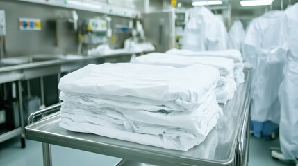 Stacks of clean folded white isolation gowns neatly arranged on a metal surface in a medical facility preparation area