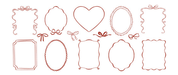 Set of hand drawn vector ribbon frames and bows in coquette style for posters, cards, invitation, banner design