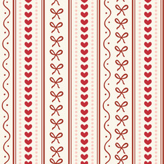 Stripes lines, florals and heart seamless pattern, repeating vector background for romantic, valentine's day products