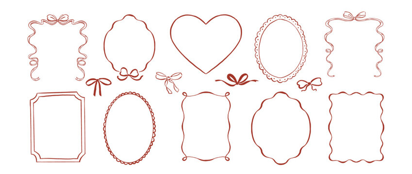 Set of hand drawn vector ribbon frames and bows in coquette style for posters, cards, invitation, banner design