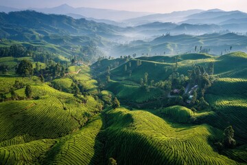 Aerial view of rolling green tea plantations, repeating lines, early morning light, deep greens, soft haze, landscape photography, natural saturation, calm atmosphere