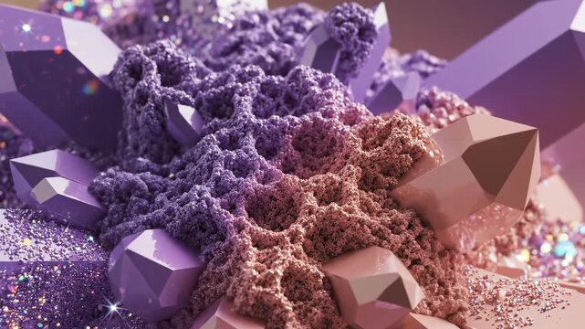 Highly detailed abstract close-up of polished lilac and peach colored crystalline structures growing and reforming in a mesmerizing seamless loop depth, ethereal, stone
