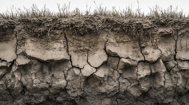 Textured cross section of compressed earth surface showing layered strata with dry cracks and sparse grass growth