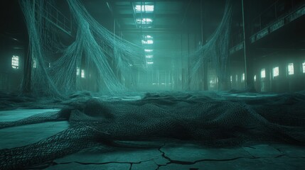 Thick frayed industrial webb tangled lengths in a forgotten abandoned dusty structure