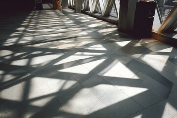 Geometric shadow patterns crossing a neutral plane, external forces influencing markets, restrained visual language