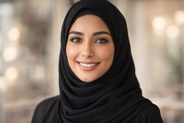 Portrait of a smiling young middle eastern woman wearing a black hijab