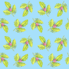 Seamless winter pattern with hand painted watercolor holly leaves and red berries on light blue background.