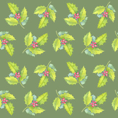 Winter Botanical Holly Seamless Pattern with Watercolor Leaves and Berries. Seamless winter botanical pattern featuring hand-painted watercolor holly leaves and red berries on a muted green background