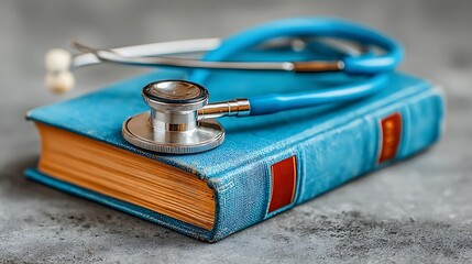 Blue Medical Book with Stethoscope on Textured Gray Surface blue book healthcare