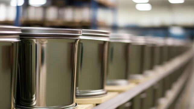 Empty metallic canisters lined up neatly in a row on wooden pallets within a factory or warehouse environment
