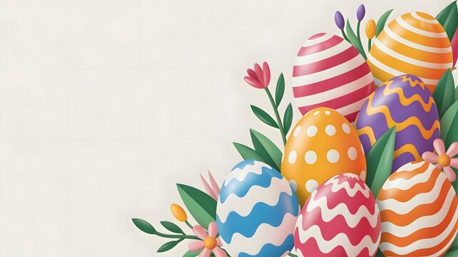  Row of decorated Easter eggs in studio photography style, vibrant and pastel multicolored tones on a pink background, spring holiday celebration and traditional theme with copy space