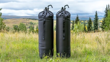 Two black collapsible water storage bags with integrated taps stand upright in a grassy outdoor field with trees and hills in the background