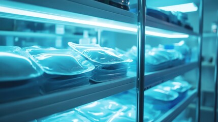 Unopened sterile eye pads sealed in plastic packaging on a shelf with blue lighting