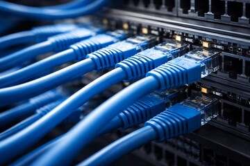 Close up of blue network cables connecting to a server switch for data transfer