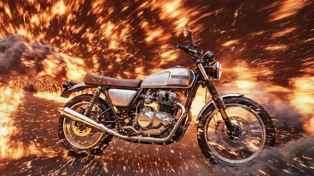 Highly detailed abstract render of a vintage scrambler motorcycle accelerating through a seamless looping tunnel of energetic digital fire and billowing smoke effects dynamic, fire, VFX