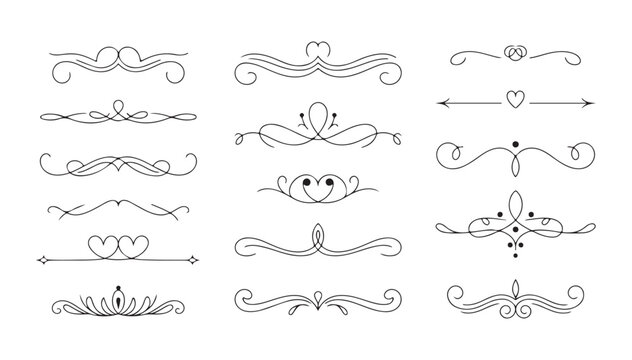 Elegant filigree dividers and page breaks with decorative heart swirls and calligraphic flourishes for stationary
