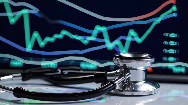 Close-up of a stethoscope on a digital financial chart, representing Italy&rsquo;s healthcare economy, medical investment trends, and national health policy analysis