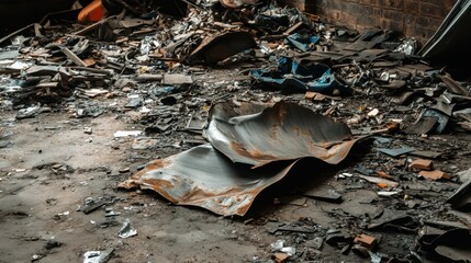 Warped and bent metal sheeting lies scattered amongst debris on the floor of an abandoned industrial site