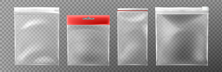 Transparent plastic bags with zipper closure. Clear vinyl pouches in various sizes - ziplock packaging mockups with resealable seals, white top handle and realistic shadow for product display template © klyaksun