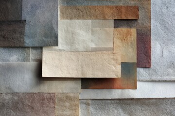 Top-down abstract of layered paper surfaces with subtle color variation, portfolio diversification as collage