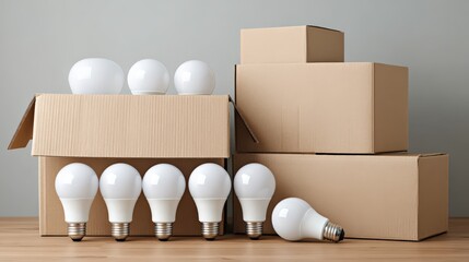Several energy efficient illumination globes are displayed with cardboard moving containers stacked on a wooden surface