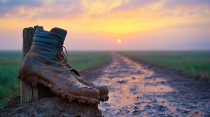 Worn and mud caked boots resting against a rough wooden surface with a dirt path stretching towards the sunrise in a rural landscape