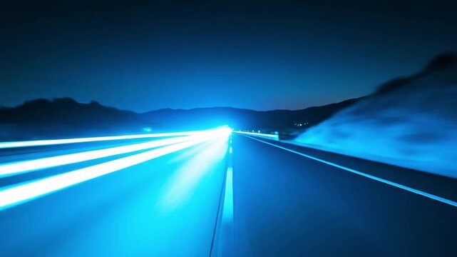 Night highway traffic light trails speed motion blur effect over dark mountain landscape. Fast forward futuristic digital travel.