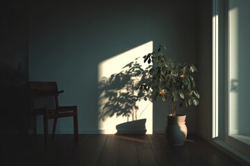 Minimal interior corner with moving daylight and subtle plant shadow, independent work and quiet success