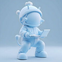 3D Cartoon Astronaut Holding Laptop on Blue Minimal Background｜青いミニマル背景の3Dカートゥーン宇宙飛行士とノートパソコン