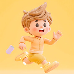 3D Cartoon Boy Running with Toilet Paper on Yellow Background｜黄色い背景でトイレットペーパーを持って走る3Dカートゥーンの男の子