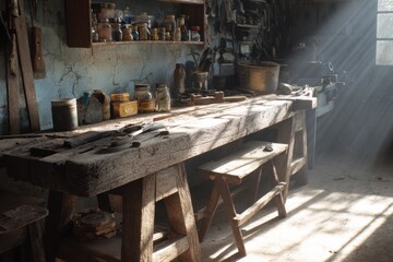 Sunlit workshop interior with worn wooden workbench, visible tool marks, recycled materials, natural dust in air, honest craft atmosphere 