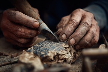 Close up of hands repairing an old object using simple tools, visible wear, tactile realism, sustainable making concept