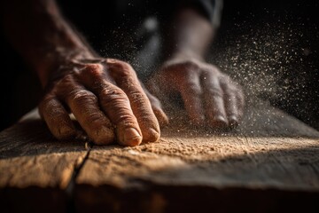 Close up of hands sanding reclaimed wood, fine dust catching light, patience and process