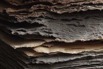 Abstract pattern formed by stacked recycled paper sheets, rough edges, slow value accumulation metaphor