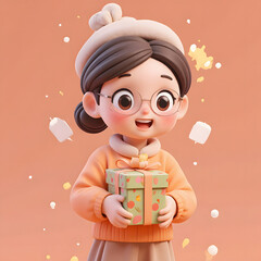 Cute 3D Cartoon Girl with Glasses Holding Gift Box Surrounded by Floating Marshmallows｜ギフトボックスを持つ3Dかわいいメガネの女の子と浮かぶマシュマロ