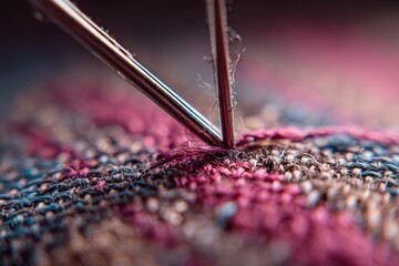 Close up of thread, needle and fabric mid-repair, shallow focus, tactile honesty