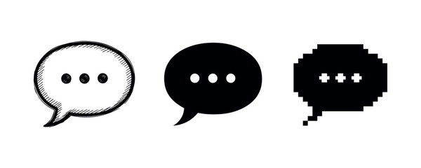 Sketch, solid, and pixel speech bubbles on white background